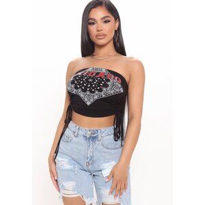 Fashion Nova ✦ Chi Town Bandeau Top ✦ Bandana Print Chicago Graphic Ruched L NWT